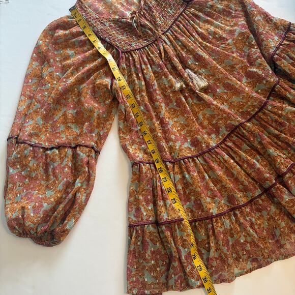 Free People Swinging Peasant Dress Womens XS Mustard Metallic Smocked Tassels - Picture 11 of 12